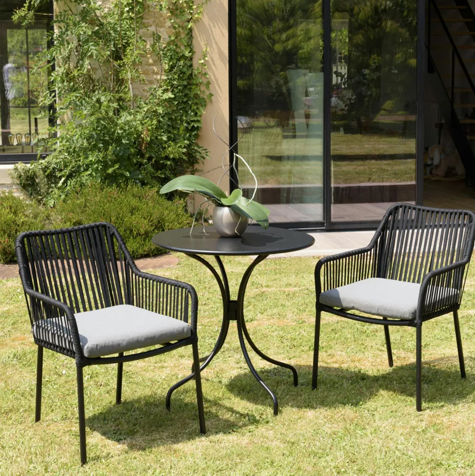Salon de jardin 1 table ronde métal noir D70 cm - 2 fauteuils cordage noir 1 coussin gris GIJON