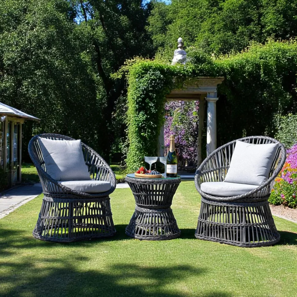 Salon de jardin en rotin synthétique gris (2 fauteuils et 1 petite table ronde) MENDOZA