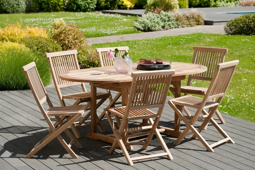 Salon de jardin en teck Table ovale 120/180 cm et 6 chaises Java pliantes SUMMER