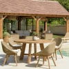 Salon de jardin teck naturel 1 table ronde 150 cm + 4 chaises arrondies résine tressée MANY