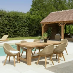 Salon de jardin teck naturel 1 table pieds inclinés 300 cm + 8 fauteuils bois MANY