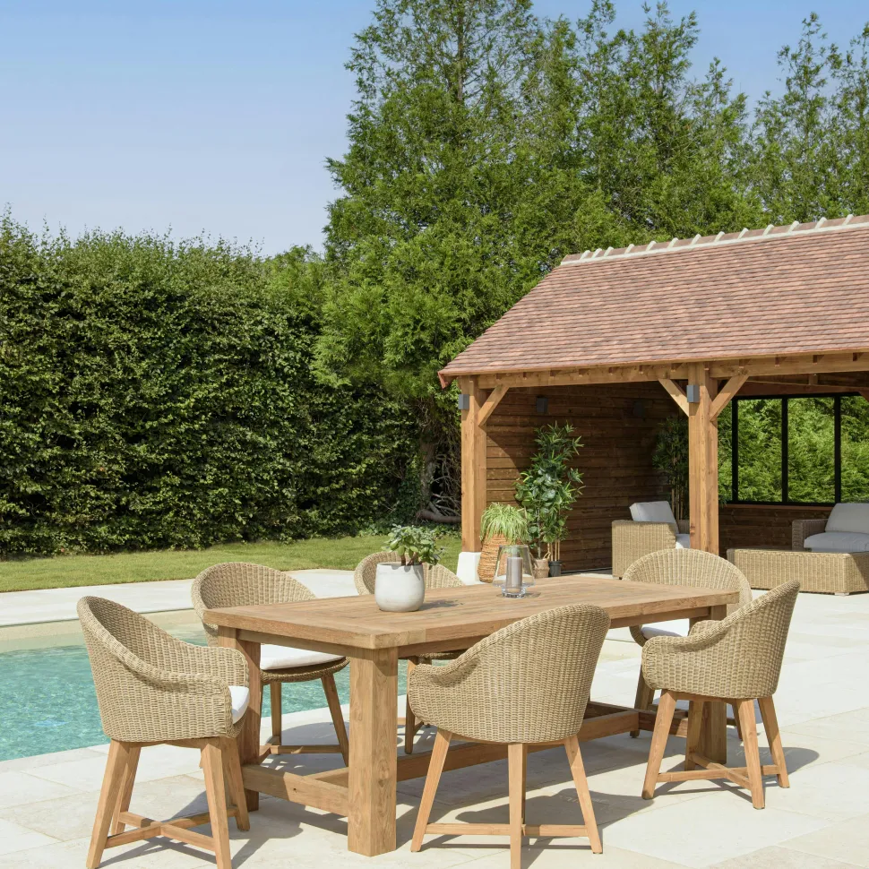 Salon de jardin teck naturel 1 table pieds inclinés 300 cm + 8 fauteuils bois MANY