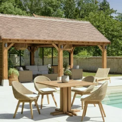 Salon de jardin teck naturel 1 table pieds inclinés 300 cm + 8 fauteuils bois MANY