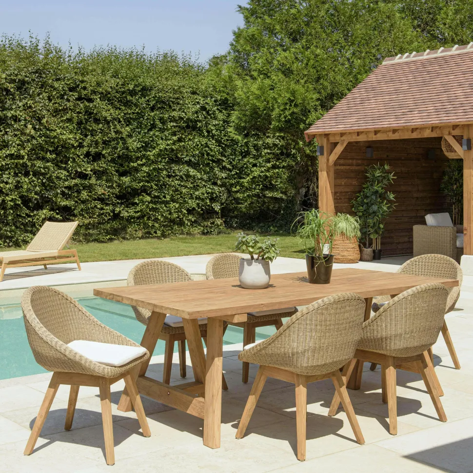 Salon de jardin teck naturel 1 table pieds inclinés 300 cm + 8 fauteuils bois MANY