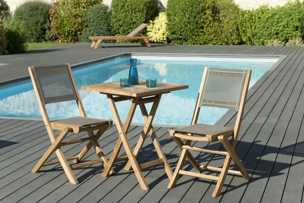Salon de Jardin Teck Table carrée 60x60 + 2 chaises pliantes SUMMER ref. 30020849