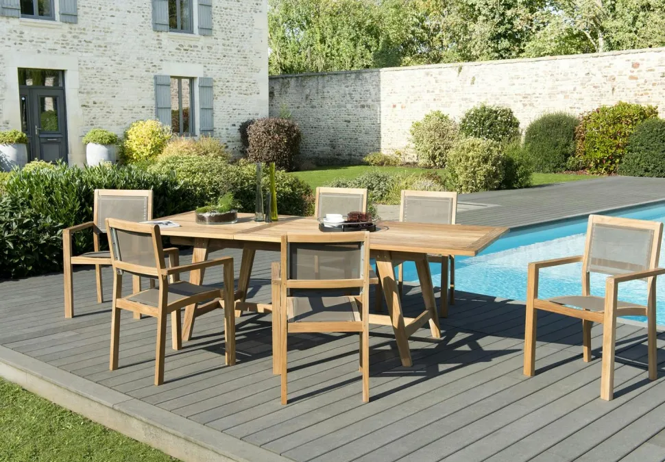 Salon de Jardin Teck Table extensible 180/240 + 6 fauteuils empilables SUMMER ref. 30020850