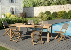 Salon de Jardin Teck Table 220x100 + 6 chaises pliantes BERGEN