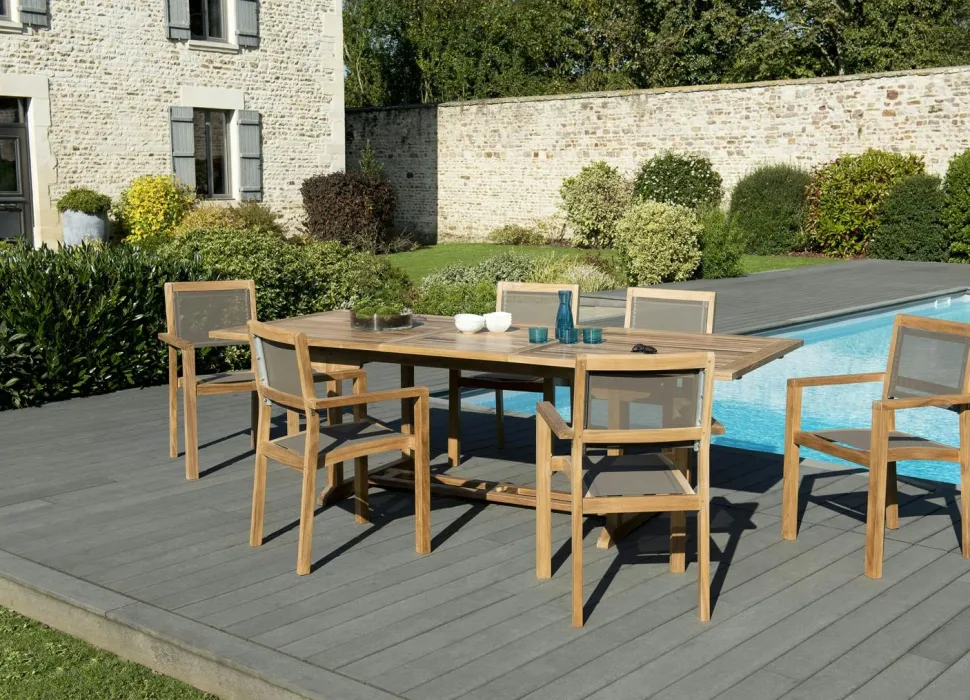 Salon de Jardin Teck Table extensible 180/240 + 6 fauteuils empilables SUMMER ref. 30020846