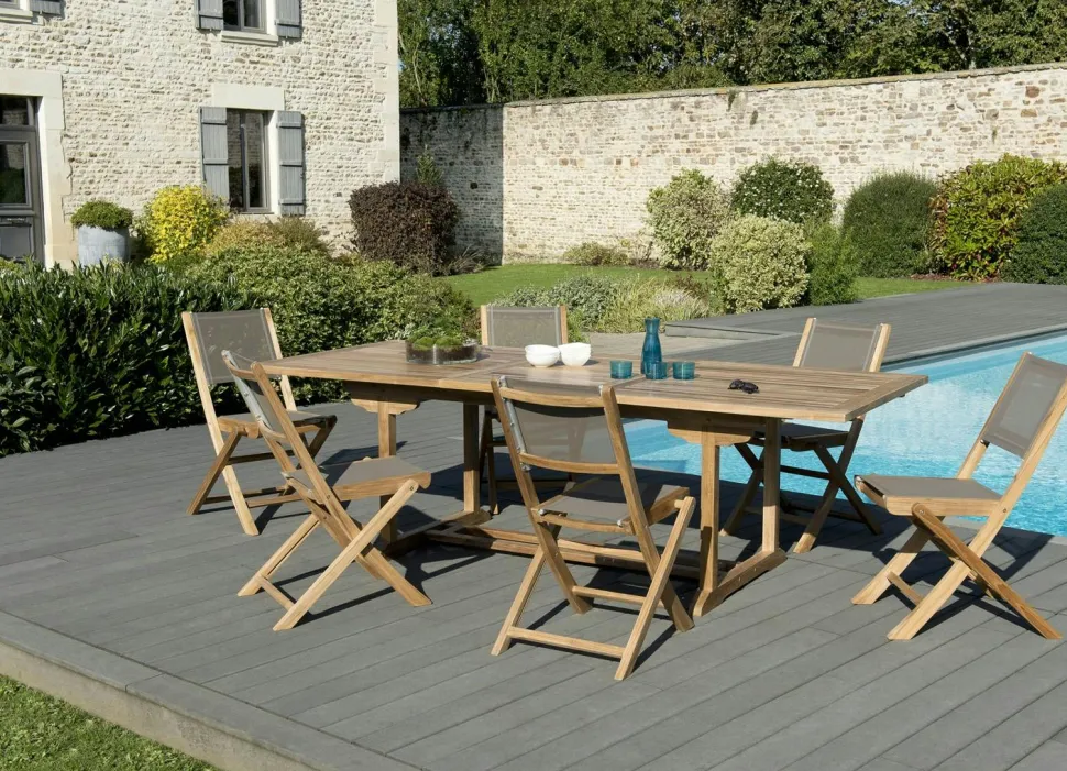Salon de Jardin Teck Table extensible 180/240 + 6 chaises pliantes SUMMER ref. 30020845