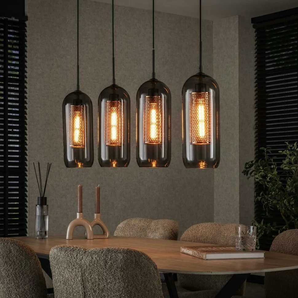 Suspension en verre fumé et métal cuivré 4 lampes horizontales NOVA
