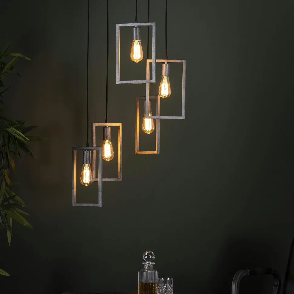 Suspension industrielle 5 lampes graphiques étagées argent vieilli RALF