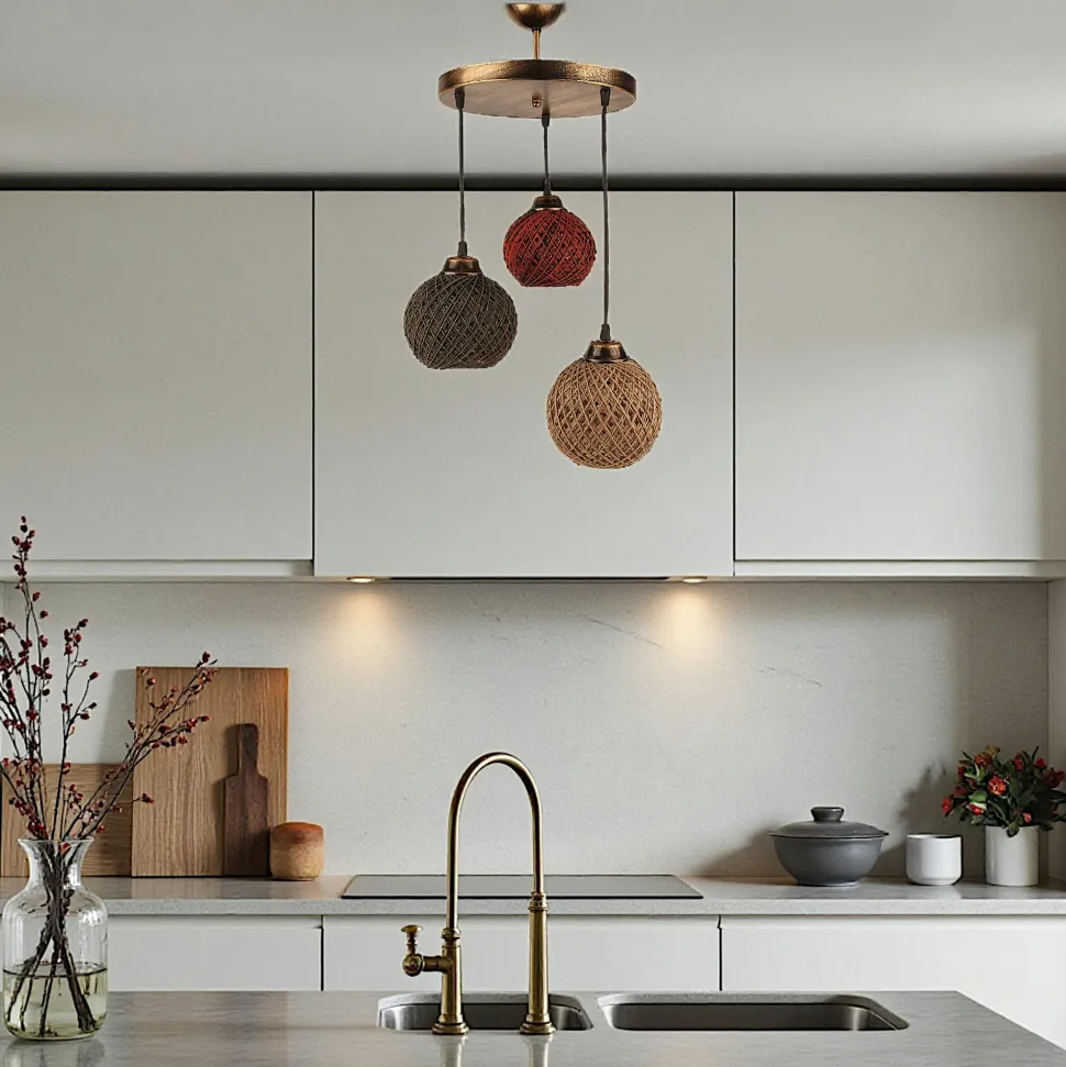 Suspension moderne 3 abat-jour tressés multicolores AROSA