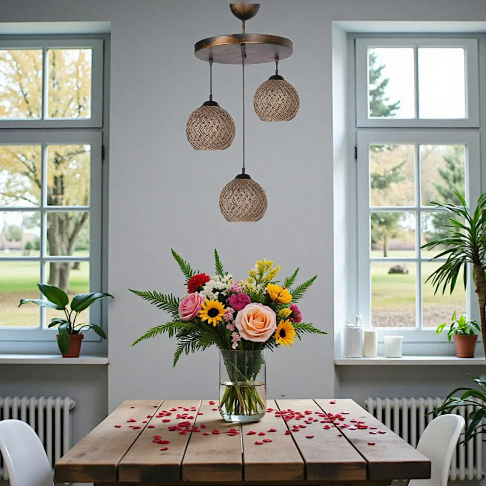Suspension moderne 3 abat-jour tressés finition bronze AROSA