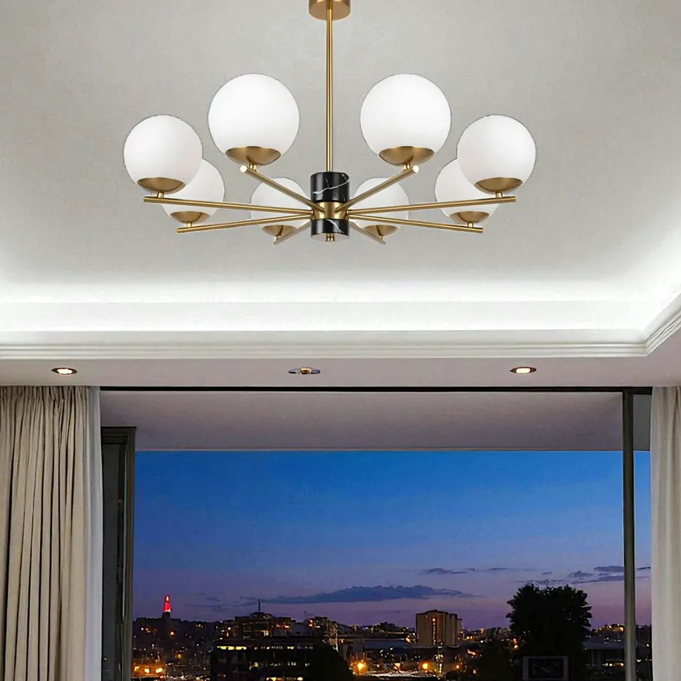 Suspension moderne – 8 globes & marbre noir DELTONA