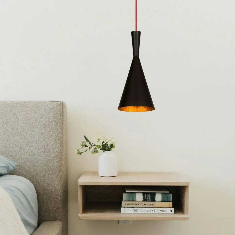 Suspension moderne noire mate câble rouge, forme cloche SILE