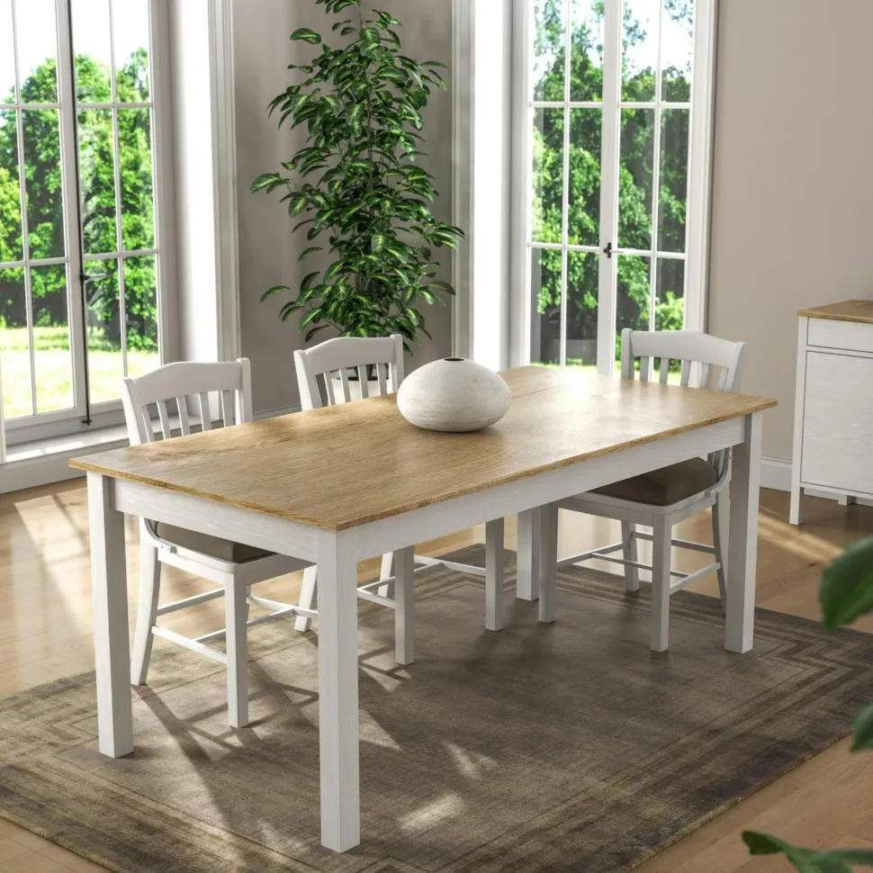 Table à manger blanche, plateau effet bois clair 180 cm CALMA