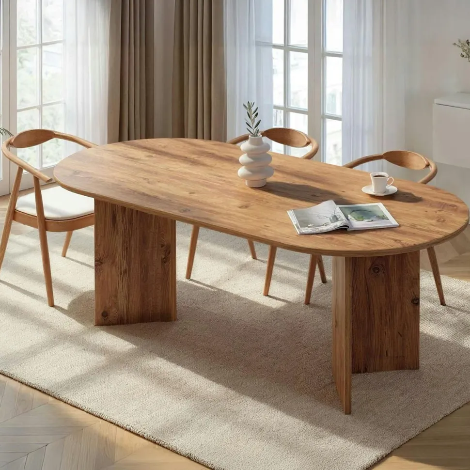 Table à manger moderne effet travertin pieds en V 180 cm MARFA