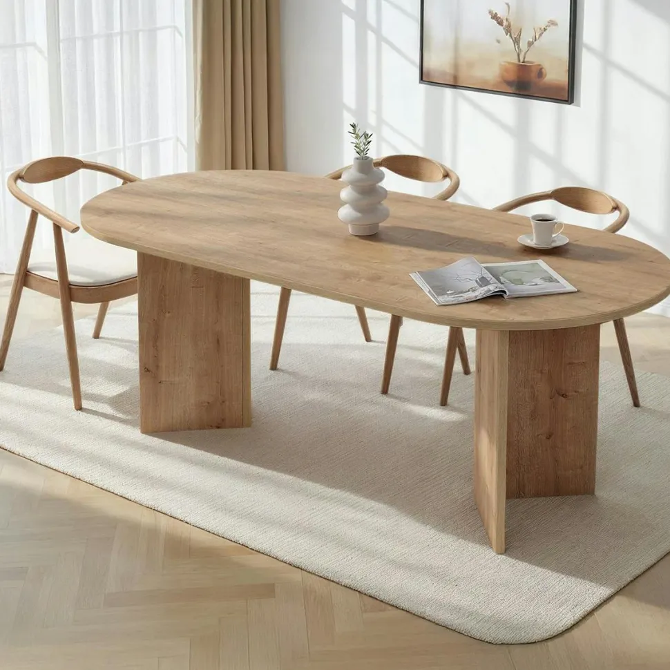Table à manger moderne effet travertin pieds en V 180 cm MARFA