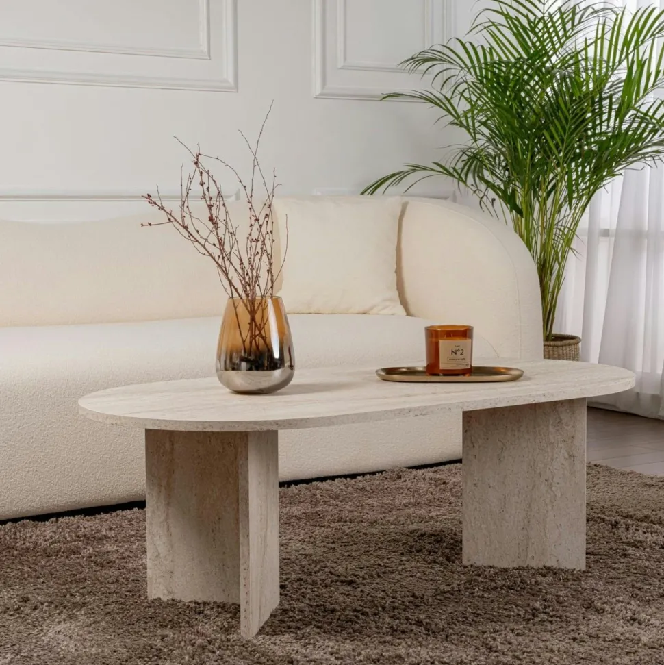 Table à manger ovale effet travertin pieds en V 200 cm MARFA
