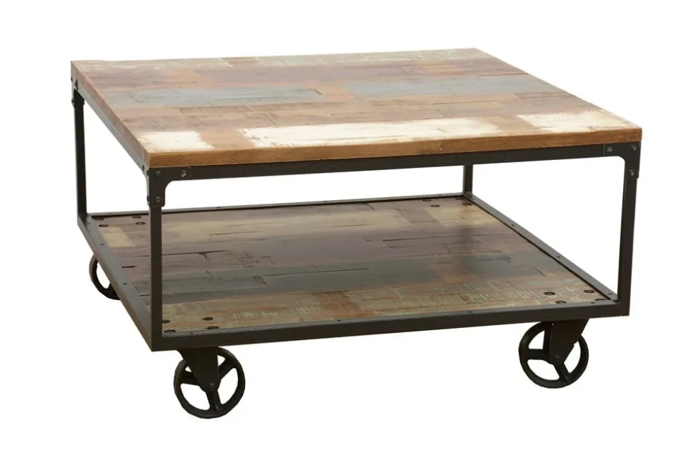 Table basse à roulettes double plateaux en Hévéa recyclé coloré et métal 90x90x47cm LOFT COLORS