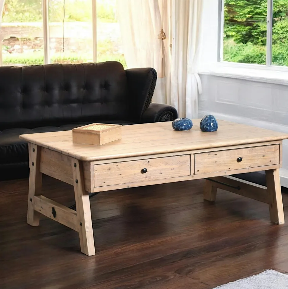 Table basse avec rangement bois recyclé clair tréteaux SALERNE