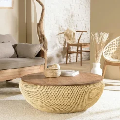 Table basse coffre ronde rotin beige et teck recyclé 66 cm SWING