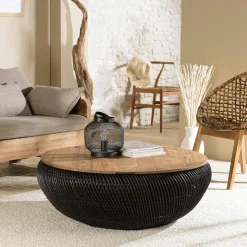 Table basse coffre ronde rotin beige et teck recyclé 66 cm SWING