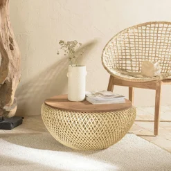 Table basse coffre ronde rotin beige et teck recyclé 81 cm SWING
