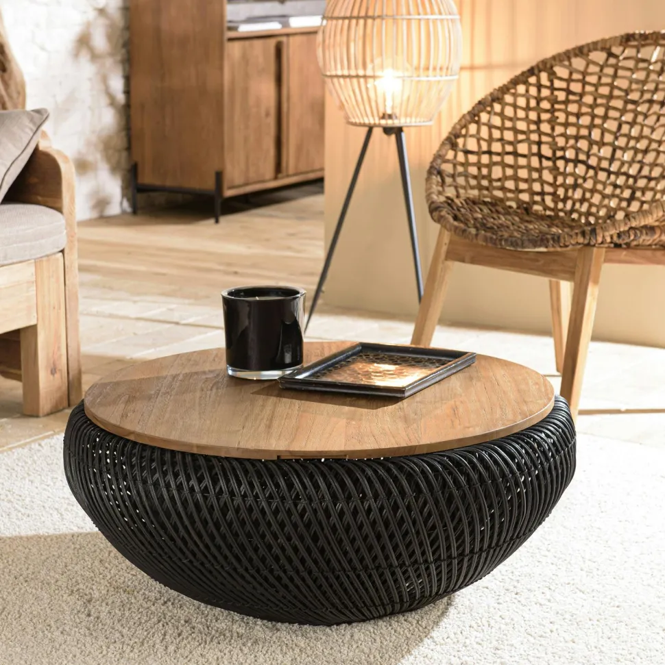 Table basse coffre ronde rotin noir et teck recyclé 81 cm SWING