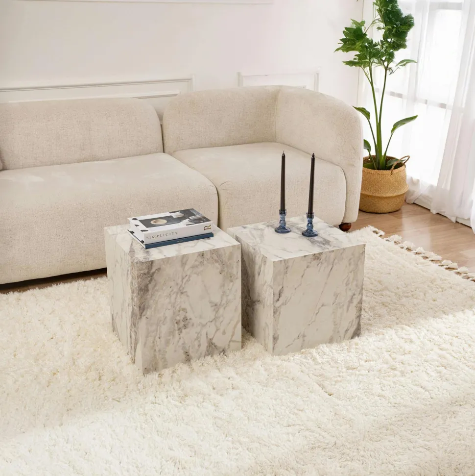 Table basse cube effet marbre blanc - style design (2 pièces) MARFA