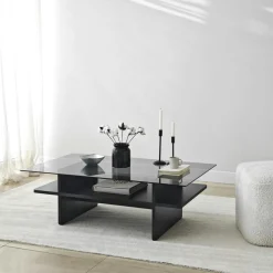Table basse design 2 plateaux, verre et effet bois SALTA