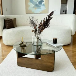 Table basse design en verre fumé – pied bois clair ANZIO