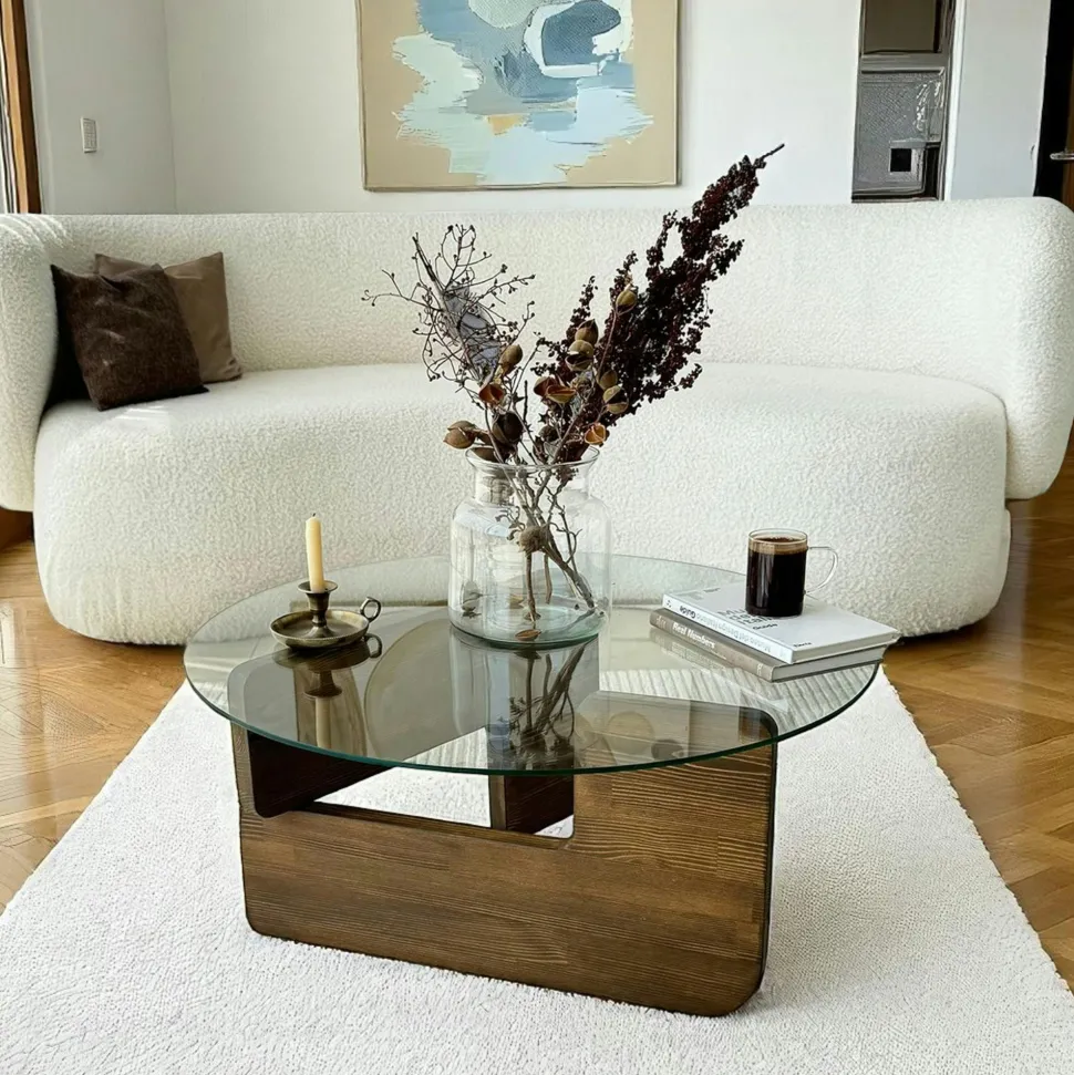 Table basse design en verre fumé – pied bois clair ANZIO
