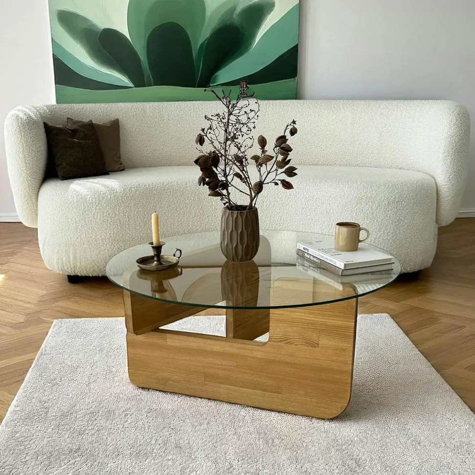 Table basse design en verre fumé – pied bois clair ANZIO