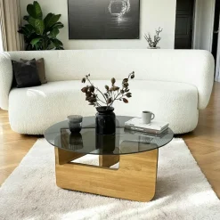 Table basse design en verre - pied bois clair ANZIO