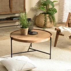 Table basse en teck et métal bords arrondis 85 cm SWING