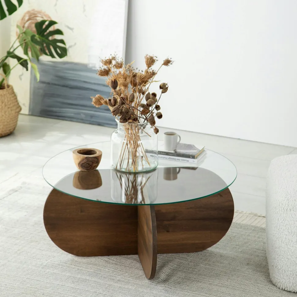Table basse en verre – pied en croix bois brun ANZIO