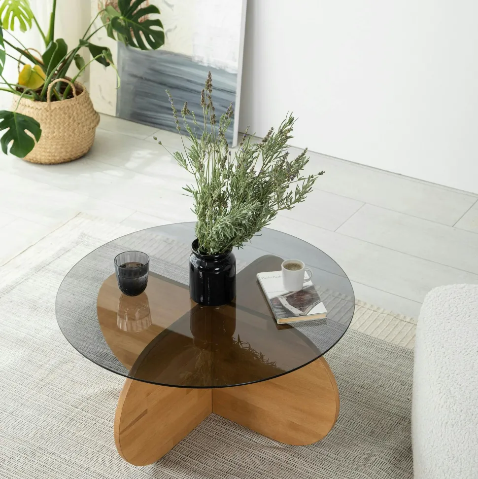 Table basse en verre – pied en croix bois brun ANZIO