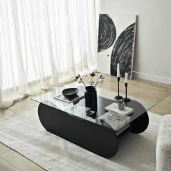 Table basse en verre, base luge noire avec rangement SALTA