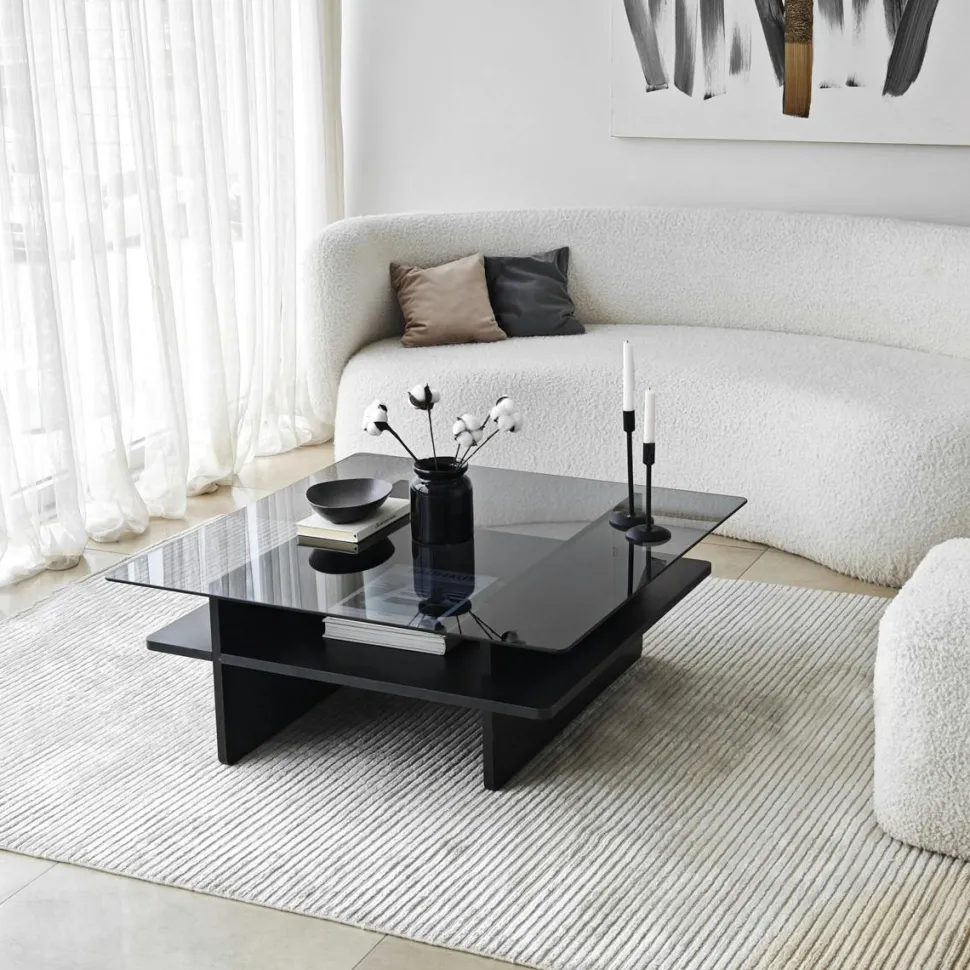 Table basse en verre carrée, base effet bois SALTA