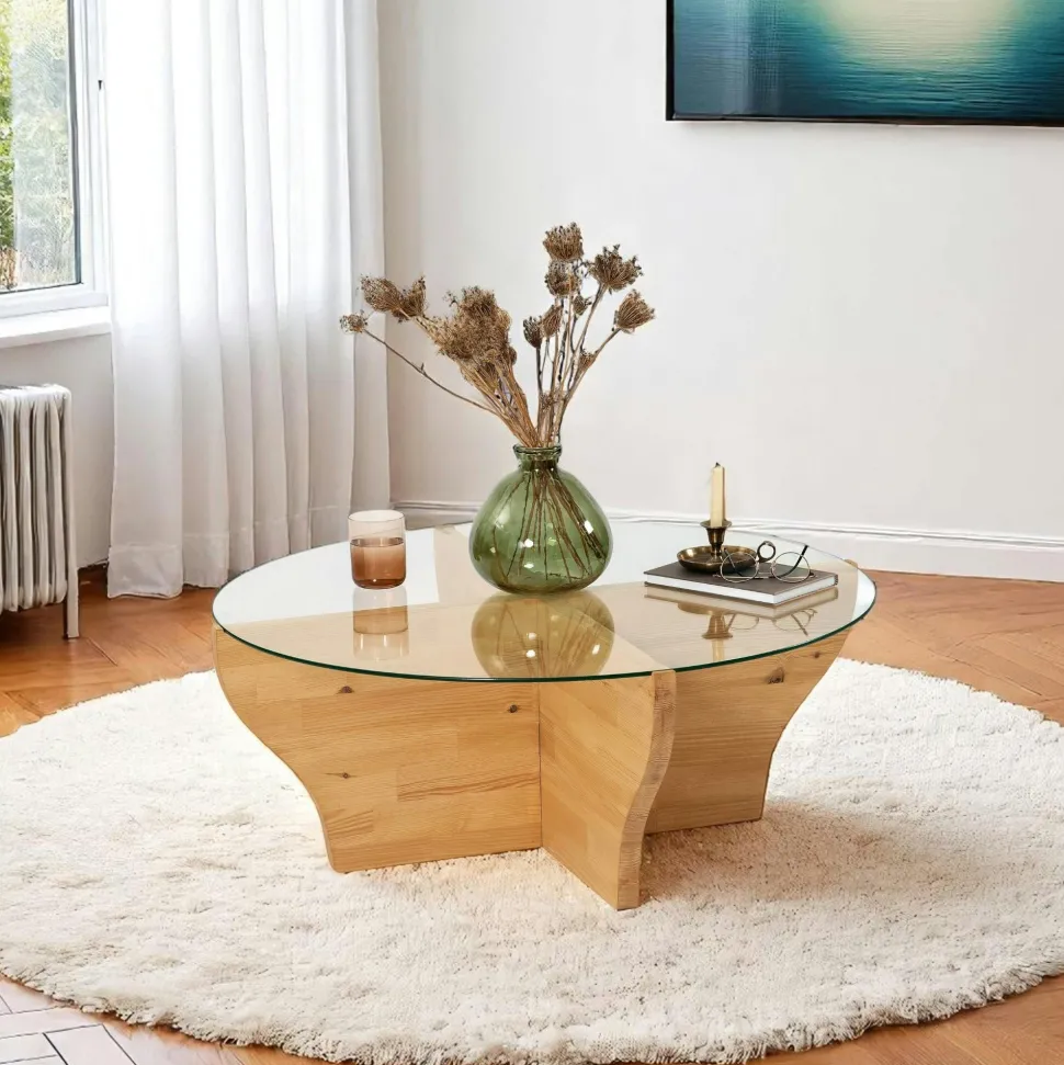 Table basse en verre et bois clair - pied en X, ANZIO