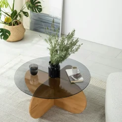 Table basse en verre fumé – pied en croix bois clair ANZIO