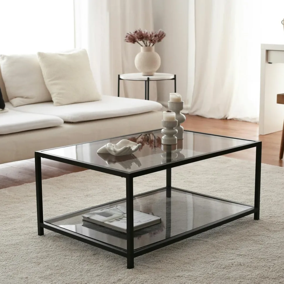 Table basse en verre fumé rectangulaire, 2 plateaux TULUM