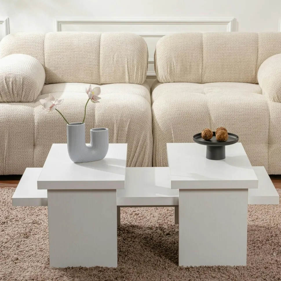 Table basse gigogne design – effet bois blanc (3 pièces) MARFA