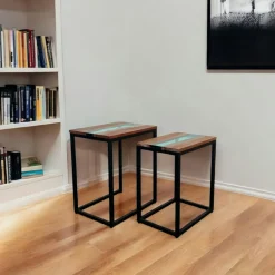 Table basse gigogne epoxy noir et bois d'acacia (lot de 2) BORA