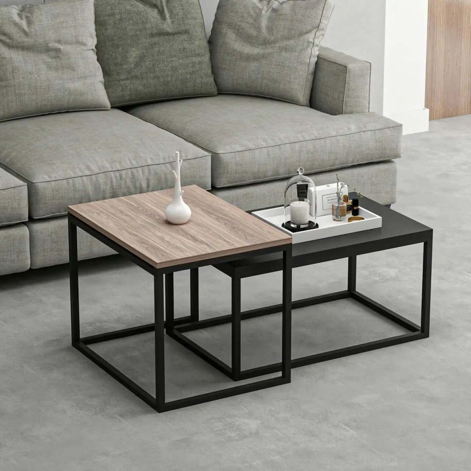 Table basse gigogne moderne - effet noyer & noir (lot de 2) JENA