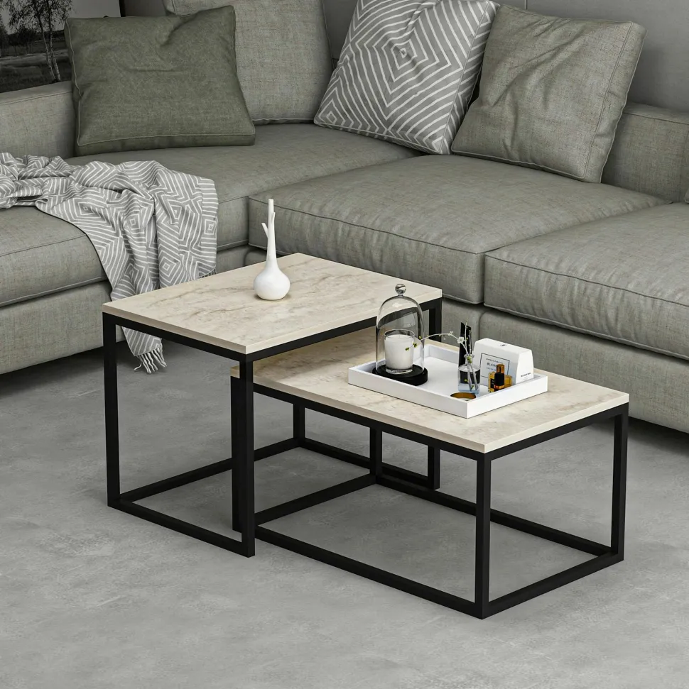 Table basse gigogne moderne - effet noyer & noir (lot de 2) JENA