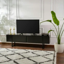 Table basse noire plateau verre – pied croix effet bois SALTA