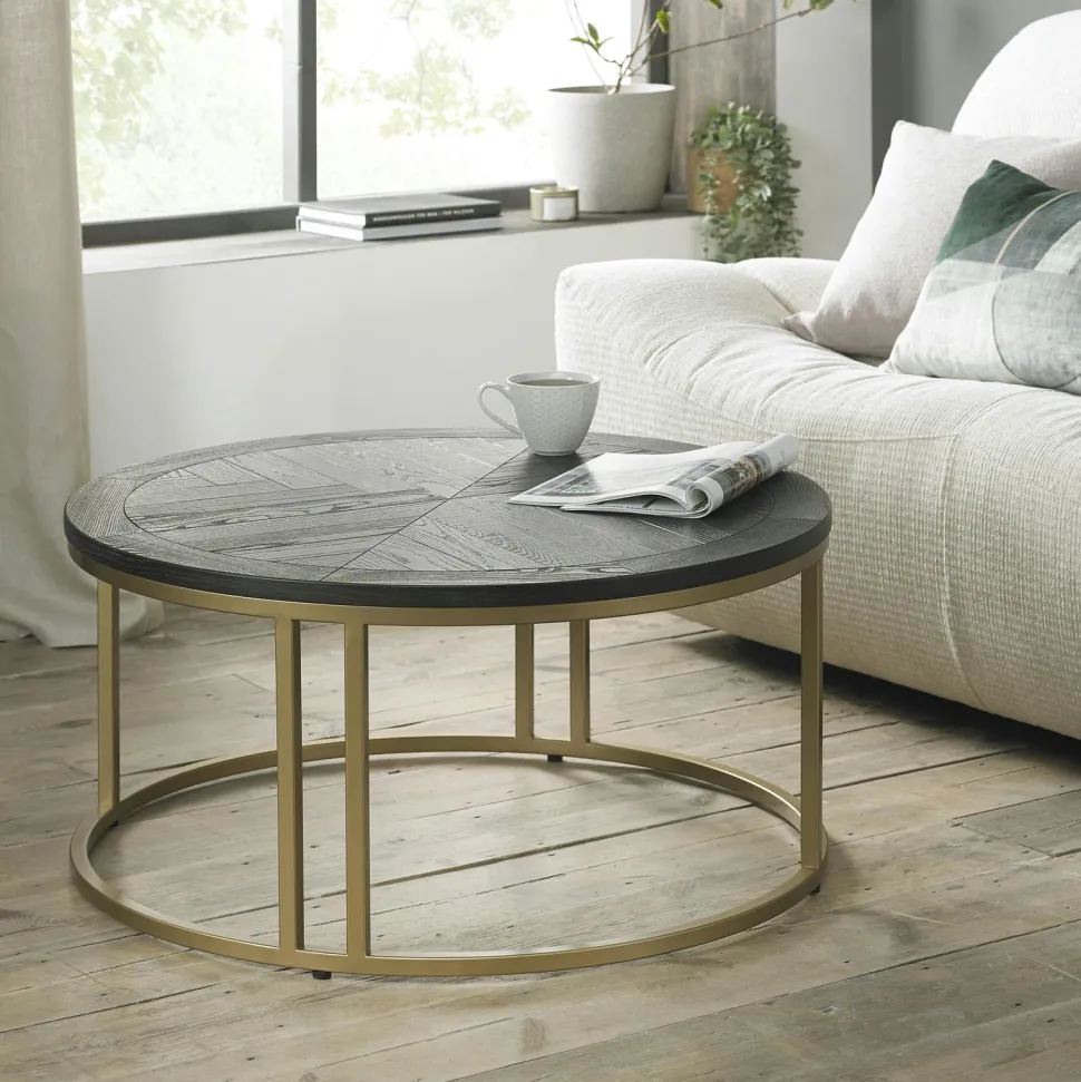 Table basse noire ronde en marqueterie de bois VALLEY