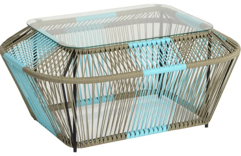 Table basse rectangulaire en métal et verre, turquoise et naturel 88x60x40cm